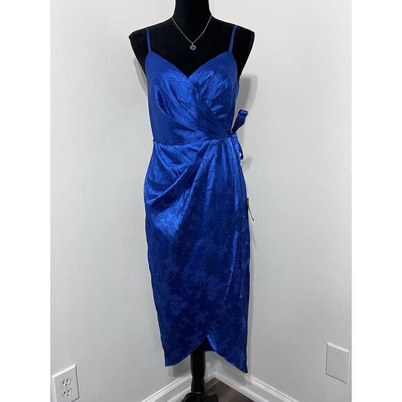 Lulus Royal Blue Satin Floral Jacquard Midi Wrap Dress NWT Small - Picture 6 of 15